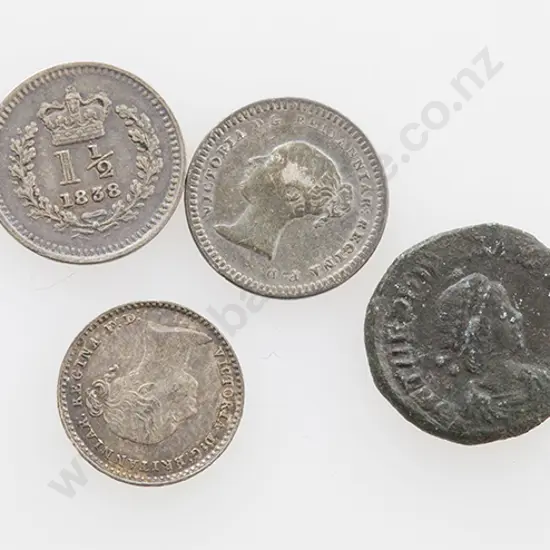 Small Roman Coin & 3 Small Silver Vict Coins