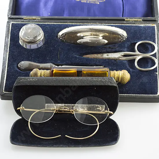 Cased S/S Vanity Set, Scent Bottle, Pencil Holder & Pince-Nez