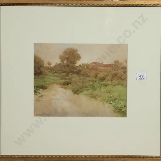 Hugh L Norris - A Stream With Buildings Beyond