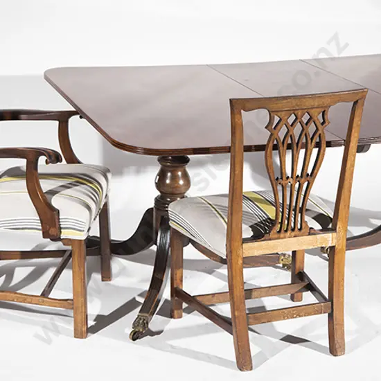 C19th Mahogany Twin pillar Dining Table with Eight Chippendale Style Chairs