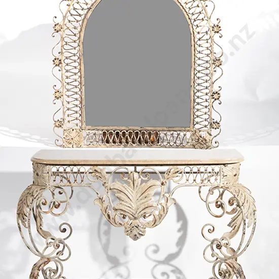 Antique French Marble Top Wrought Metal Console Table and Mirror