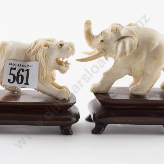 Two Carved Ivory Animals of Lion & Elephant