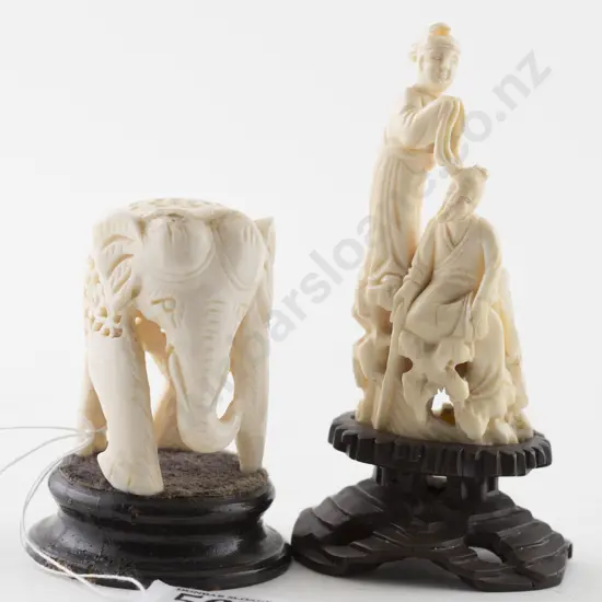 Carved Ivory Figure Group & Elephant