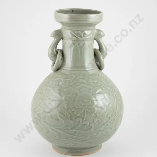 Large Shallow Relief Carved Celadon Urn