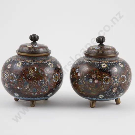 Pair Vintage Cloisonne Urn & Covers