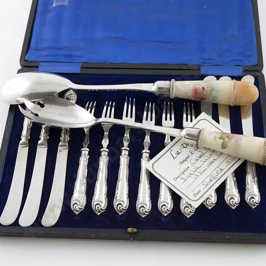 Cased Set Six S/S Handled Fruit Knives & Forks together with a pair of ceramic handled salad servers