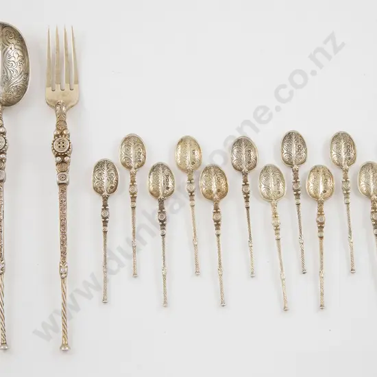 Large S/S Gilt Coronation Fork & Spoon together with twelve matching teaspoons