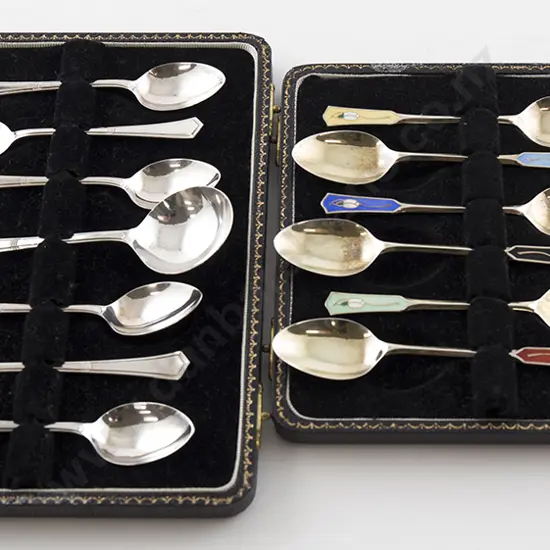 Two Cased Sets S/S Gilt & Enamel Teaspoons