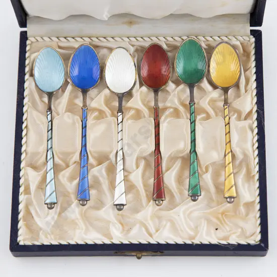 Six Danish S/S & Enamel Coffee Spoons