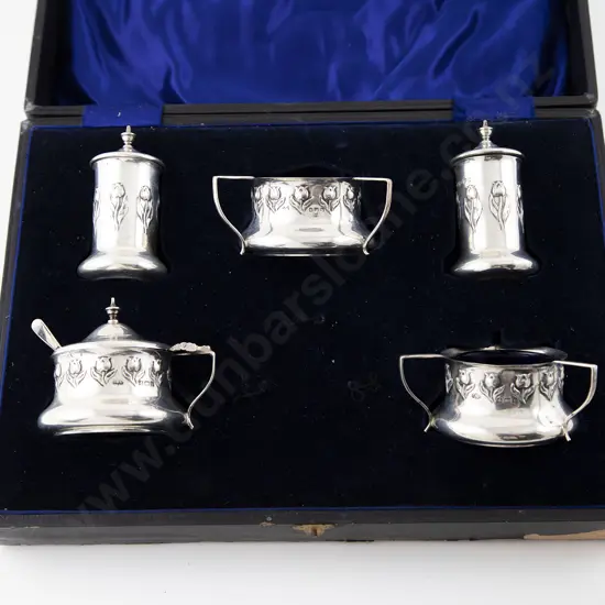 Cased Art Nouveau S/S 5 Piece Cruet Set