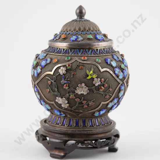 Fine Chinese Silver Gilt Filigree & Enamel Ginger Jar