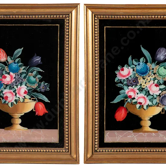 Pair Reverse Painted on Glass Floral Studies
