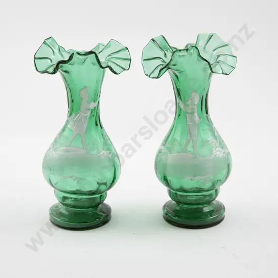 Small Pair Mary Gregory Green Glass Vases