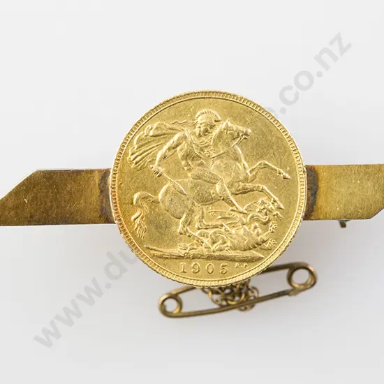 1905 Gold Sovereign Mounted on Bar Brooch