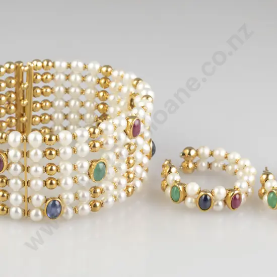 18ct Cultured Pearl Ruby Emerald & Sapphire Cuff Bangle with Matching Earrings