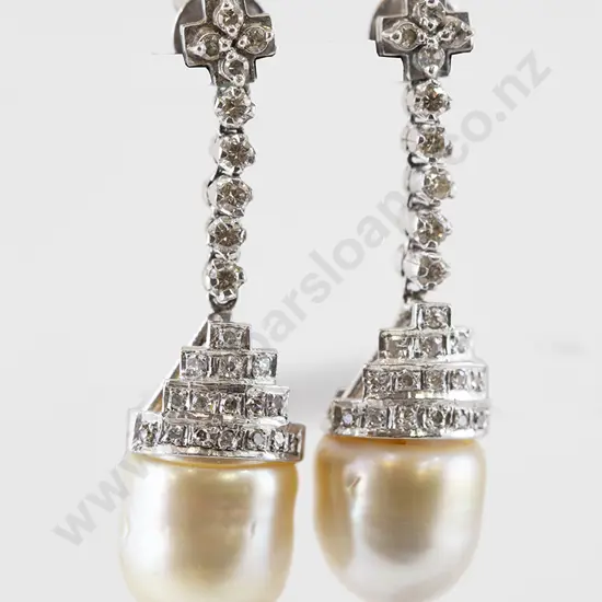 Pair Platinum Pearl & Diamond Pendant Earrings