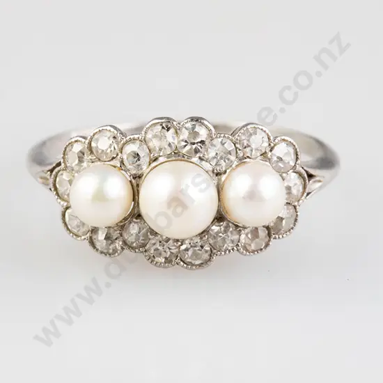 Early C20th Platinum Three Pearl & Diamond Cluster Ring
