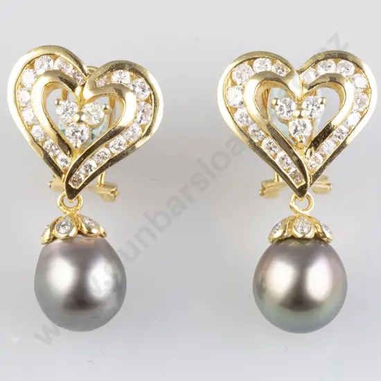 Pair 18ct Diamond and Black Pearl Pendant Earrings