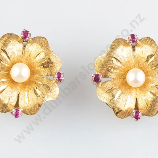 Pair 14ct Pearl & Ruby Earrings