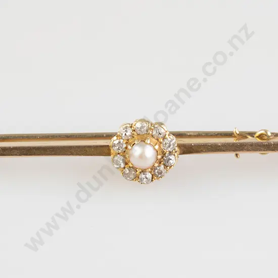 Edwardian 9ct Eleven Stone Pearl & Diamond Floret Cluster Bar Brooch