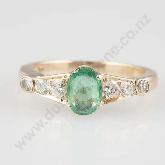14ct Seven Stone Emerald & Diamond Bridge Ring