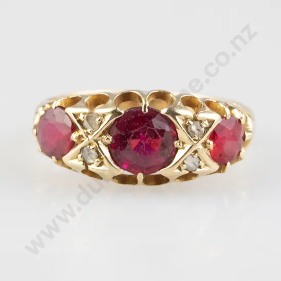 Victorian 18ct Three Stone Imitation Ruby Bridge Ring