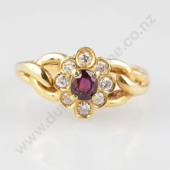 14ct Nine Stone Ruby & Diamond Floret Cluster Ring