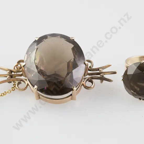 9ct Single Smokey Quartz Dress Ring & Brooch