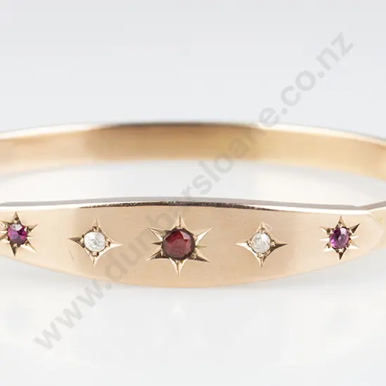 Late Vict Five Stone Ruby & Diamond Hinged Snap Bangle