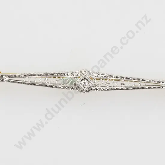 14ct White Gold SIngle Diamond Filigree Bar Brooch