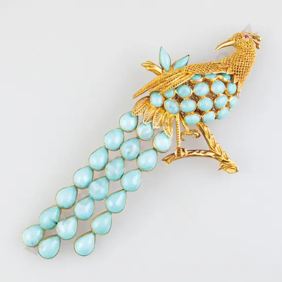 14ct 39stone Turquoise Peacock Brooch