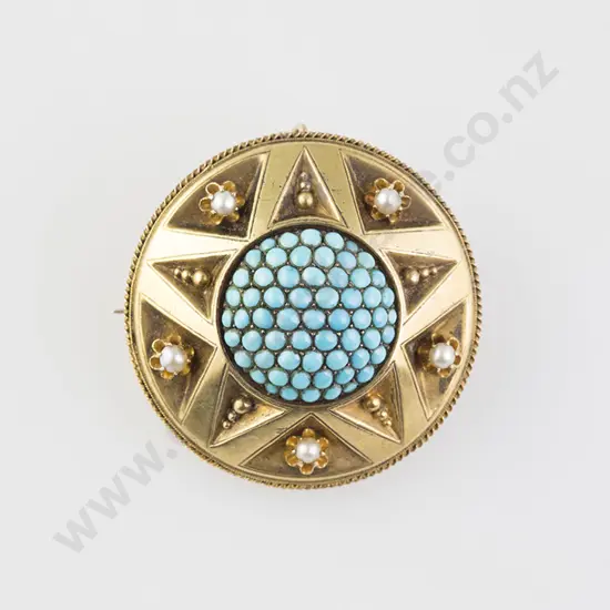 Victorian 15ct Gilt Turquoise & Pearl Target Brooch