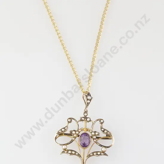 Edwardian 9ct Pearl & Amethyst Shield Pendant