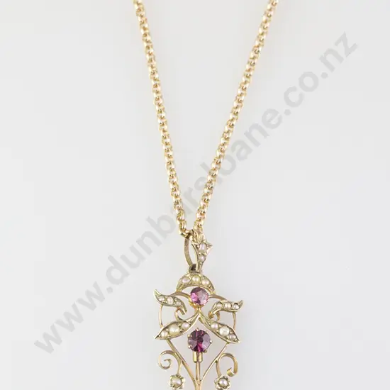 Edwardian 9ct Pearl & Spinel Shield Pendant