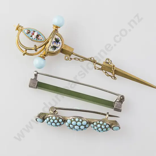 Vict Gilt Metal Mosaic Sword Brooch with greenstone bar brooch and turquoise cluster brooch