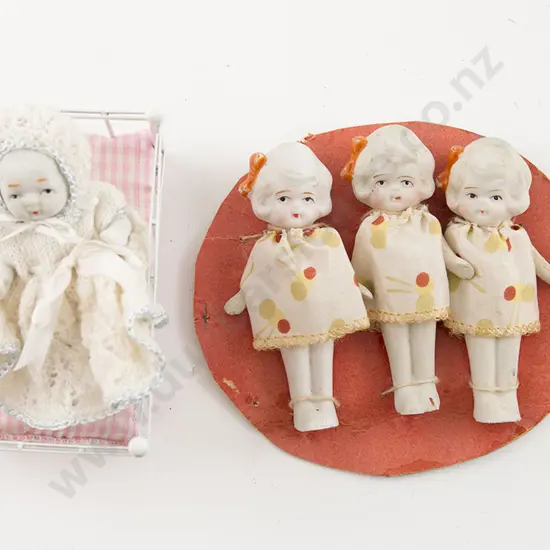 Three Part Original Carded Japanese Painted Bisque Dolls