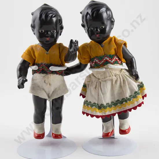 Pair Unmarked All Black Composition Dolls