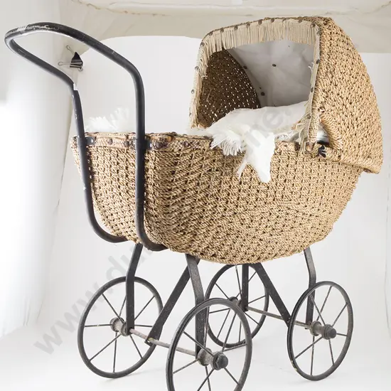 Vintage Woven Seagrass Cane Dolls Pram