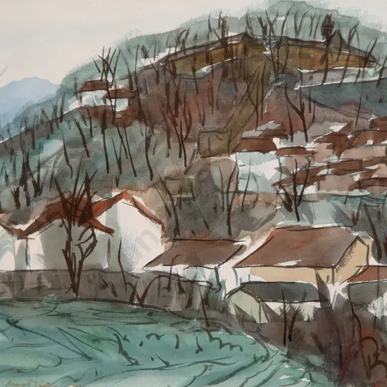 Douglas MacDiarmid - Wintery Landscape with Buildings