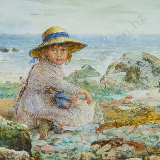 British School - Young Girl in Straw Hat on Seashore