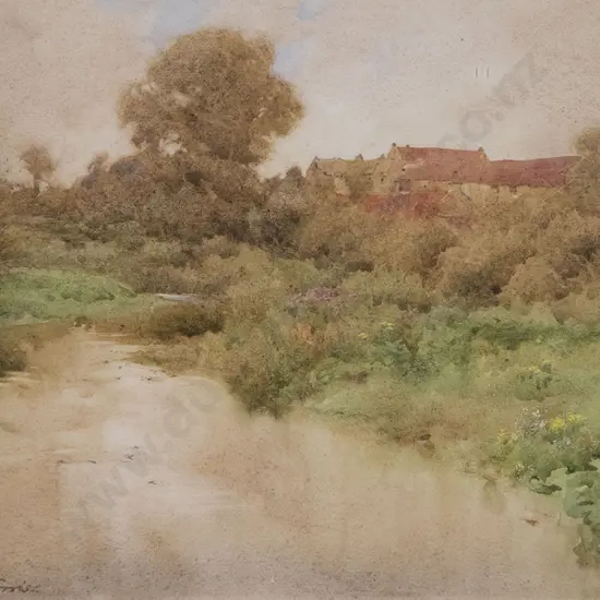 Hugh L Norris - A Stream with Buildings Beyond