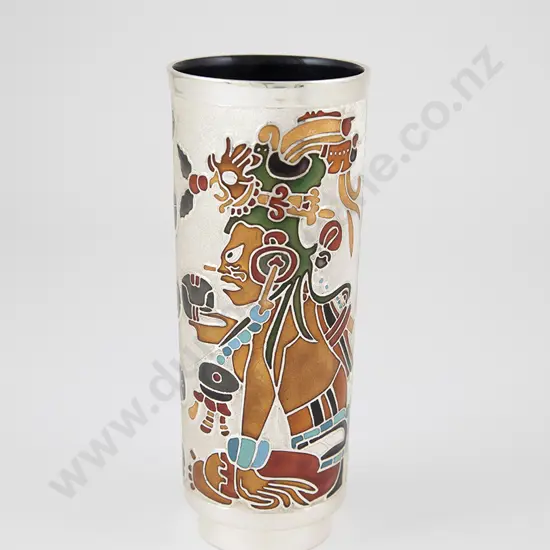 Miguel Pineda (Mexico) Silver Plate & Enamel Mayan Aztec Vase