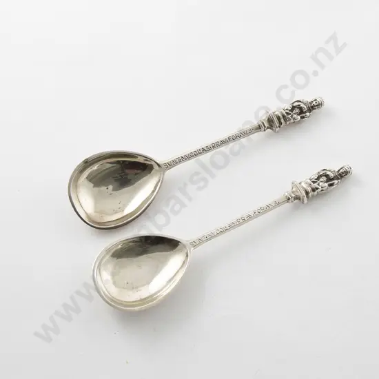 Pair Edw VII S/S Gilt Apostle Top Spoons