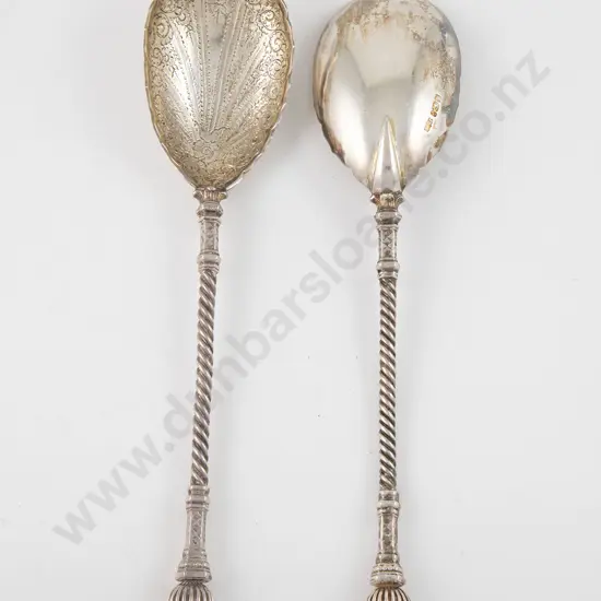 Pair Edw VII Fancy S/S Gilt Serving Spoons