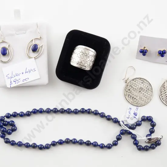 Lapis Lazuli Bead Necklace with two pair earrings