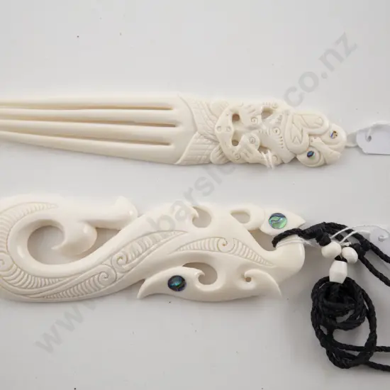 NZ Carved Bone Hair Comb and Pendant