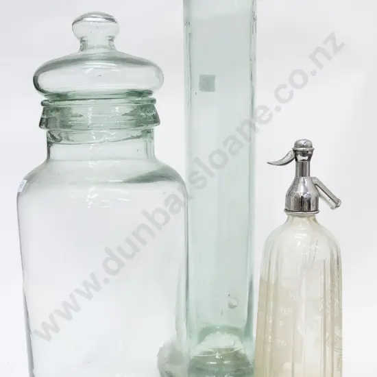 Large Lidded Glass Jar together with Soda Syphon and Spaghetti Jar (a/f)