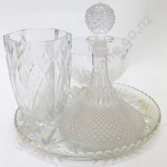 Two Crystal Vases and Glass Ships Decanter on Glass Tray