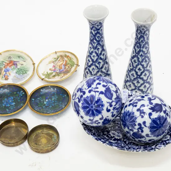 Small Quantity of Blue and White China and Cloisonne