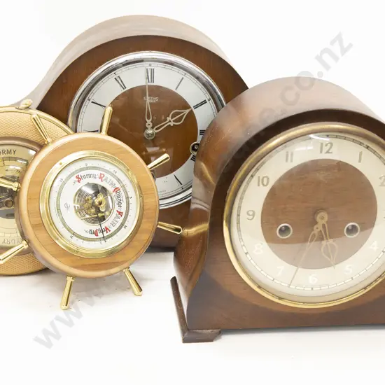 Two Oak Cased Mantel Clocks and Two Barometers